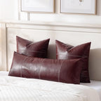 Fancy Homi Burgundy Boho Long Lumbar Faux Leather Decorative Throw Pillow Covers 14x36 Inch for Living Room Couch Bed Sofa, Hand Stitched Rectangle Cushion Case, Rustic Modern Farmhouse Home Decor - Image 2