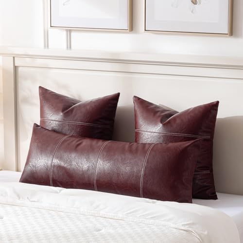 Fancy Homi Burgundy Boho Long Lumbar Faux Leather Decorative Throw Pillow Covers 14x36 Inch for Living Room Couch Bed Sofa, Hand Stitched Rectangle Cushion Case, Rustic Modern Farmhouse Home Decor - Image 2