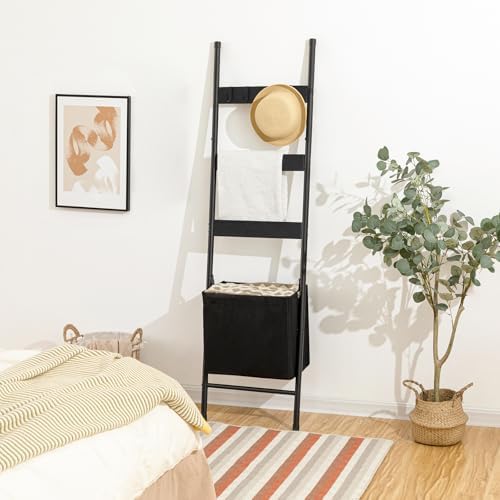 HOOBRO Blanket Ladder with Basket, 17.3”L x 63.4”H, Towel Rack with Hooks, Blanket Holder Rack, Decorative Ladder Shelf, Drying and Display Rack for Bathroom, Living Room, Black BB31CJ01 - Image 5