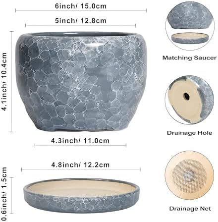 SQOWL 6 Inch Plant pots Indoor - Ceramic Planter with Drainage Hole and Saucer, Ceramic Flower Pot Outdoor, Decorative Round Planter, Home Decor Living Room, Gifts for Plant Lovers, Gray - Image 3