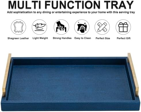 XIGEXIGE Navy Blue Decorative Serving Tray, Shagreen Leather Coffee Table Tray, Rectangle for Home Decor - Image 3