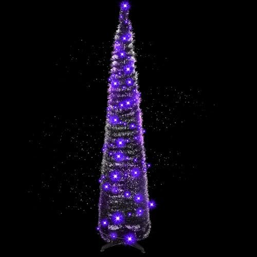 Aoriher 5 ft Pre-lit Pop up Collapsible Black Christmas Tinsel Tree Decor with Purple String Lights Reusable Artificial Sequins Pencil Slim Tree with 4 Legged Bracket Holiday Party Indoor Outdoor Home by Aoriher