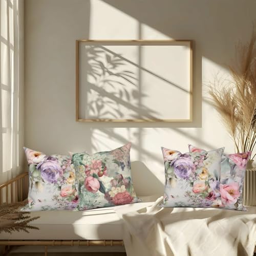 Colorful Floral Throw Pillow Covers 22''x22'' Set of 4, Vintage Flowers Pillow Cases Decorative Spring Roses Cushion Covers for Couch Sofa Bedroom Farmhouse Livingroom Garden Patio Car - Image 6