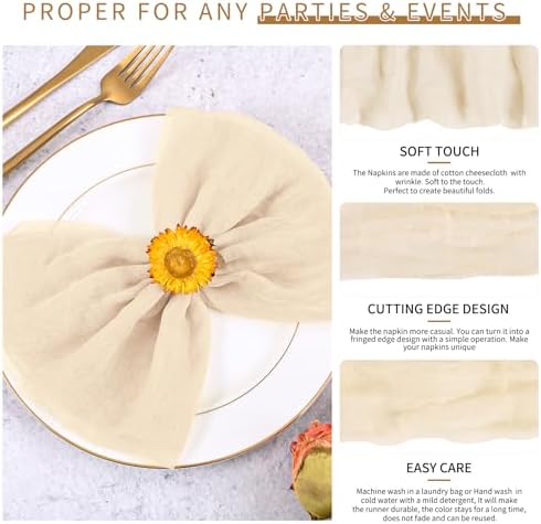 100 Pieces Cloth Napkins Beige Dinner Cheesecloth Napkins for Wedding,Wrinkled Cloth Napkins Bulk for Home Party Rustic Table Decoration, 17 x 17 Inch - Image 3
