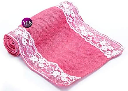 VDS Pack of 5, Burlap Table Runner with White Lace Edge, 100% Natural Jute Rustic Hessian Table Cloth Centerpiece for Wedding Birthday Party Banquet Table Decoration (Size 12X108 Inch)(Pink) - Image 3
