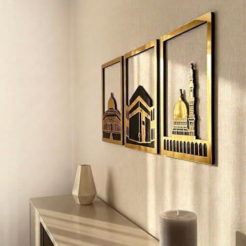 iwa concept Masjid Al Aqsa, Kaaba & Masjid An-Nabawi Islamic Wall Art, Wooden Blessed Places Islamic Wall Decor, Gift for Muslims at Ramadan Eid (Medium, Gold | All Three) - Image 6