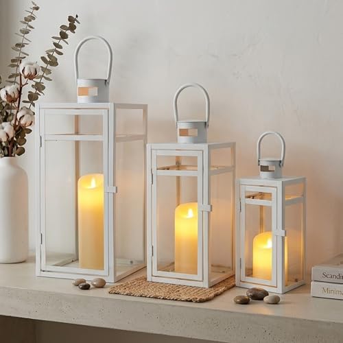 TRIROCKS Metal Candle Lantern Set of 3 - Assorted Sizes (12/15/19 Inch) - Tall Metal Hanging Lanterns with Tempered Panels Indoor & Outdoor Home Decor for Christmas Parties & Events - White Finish - Image 3
