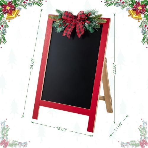 Glitzhome 24"H Christmas Wooden Easel Porch Sign,Farmhouse Standing Porch Decor with Pine & Plaid Bow,Merry Christmas Welcome Sign for Holiday Front Porch Outdoor Decorations - Image 2