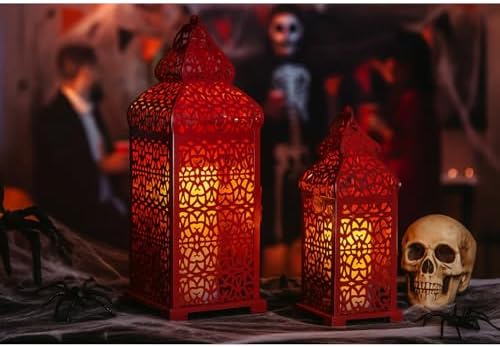 VELA LANTERNS Large Temple Moroccan Lantern Lamp Decorative Candle Holders for Ramadan Decorations, Hanging, Outdoor Patio or Porch, Indoor Home Decor, Red, Set of 2 - Image 3