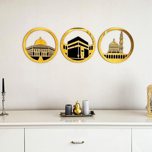 iwa concept Set of Masjid Al Aqsa, Masjid Al-Haram & Masjid An-Nabawi Islamic Wall Art | Wooden Acrylic Kaaba Wall Decor | Ramadan Decoration | Muslim Gift | (Small, Gold) by iwaconcept