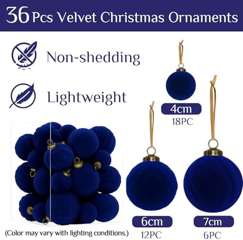 XmasExp 36PCS Velvet Christmas Ornaments Set Mixed Flocked Balls Ornaments Shatterproof Christmas Tree Decorations for Holiday,Party,Home（Navy Blue） - Image 3