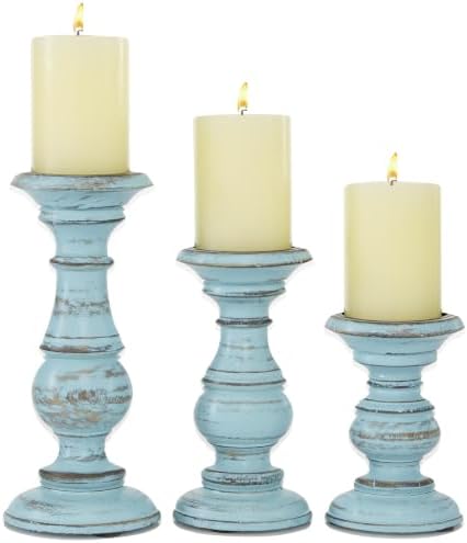 Deco 79 Mango Wood Decorative Candle Holder Distressed Turned Pillar Candle Stand, Set of 3 Candlestick Holder 6", 8", 10"H, Light Blue by Unknown
