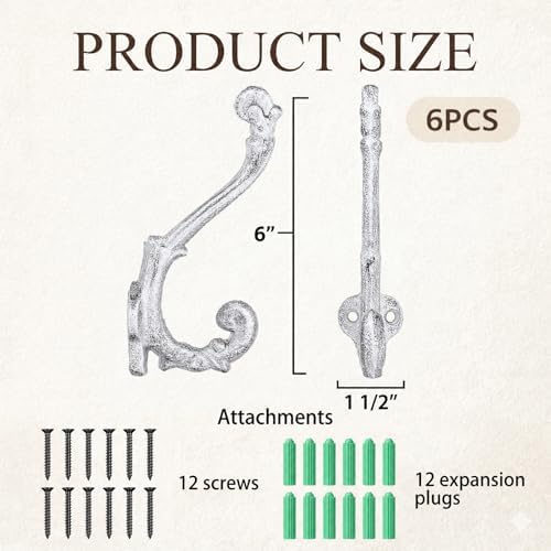 Chumia 6 Pack Cast Iron Wall Hooks Vintage White Vintage Heavy Duty - Image 4