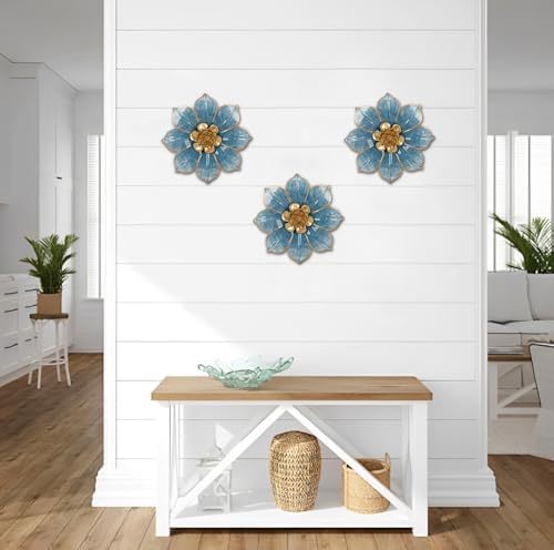 Villa Como Set of 3 Blue and Gold Metal Flowers Wall Art Decor 10" - Image 4