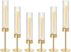 Metal & Acrylic Taper Candle Holders with Ribbed Design - Hurricane Clear Cylinder Candelabra for Wedding, Christmas, Party, Dining Table Centerpiece Decor (Gold, Set of 6) by KOLNLALA