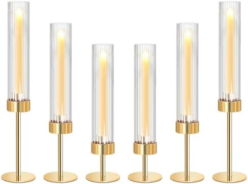 Metal & Acrylic Taper Candle Holders with Ribbed Design - Hurricane Clear Cylinder Candelabra for Wedding, Christmas, Party, Dining Table Centerpiece Decor (Gold, Set of 6) by KOLNLALA