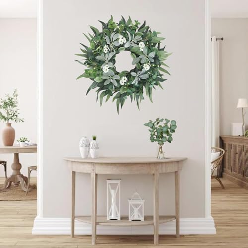 24"-26" Green Eucalyptus Wreaths for Front Door with Lambs Ear White Flowers – Lifelike Spring, Summer, and Winter Wreath for Farmhouse Front Porch Door Decor - Image 4