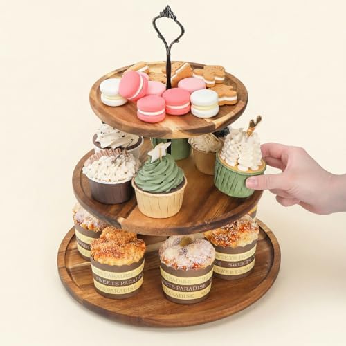 Elsjoy 3-Tier Acacia Wood Cupcake Stand, Large Rustic Dessert Display Tower - Image 6