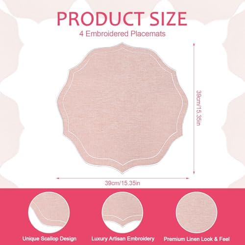 Set of 8 Cotton Linen Placemats, 15x15 Round Scalloped Cloth Table Mats, Embroidery Machine Washable, Wrinkle Resistance Fabric Place Mats for Wedding Summer Baby Shower Party Table Decor-Pink - Image 2