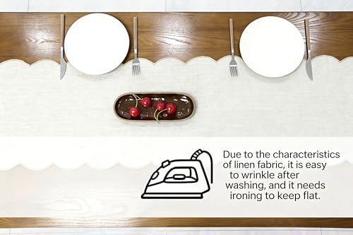 100% Natural Linen Rustic Scalloped Embroidery Table Runner 132 Inches Long, Linen Table Runner 14 x 132 Inch for Dresser and Dining Tables Decor, 12-14 Sets, 14''x132'' Linen(Edges-Gold) - Image 3