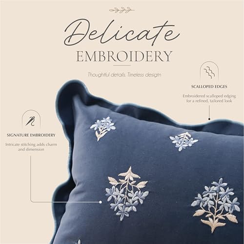 BlissBlush Long Lumbar Pillow Cover 14x36 for Bed, Navy Blue Velvet Decorative Lumbar Pillow Cover, Floral Accent Cushion Cover with Embroidery and Scalloped Edge for Couch Sofa Bed, Cover ONLY - Image 2