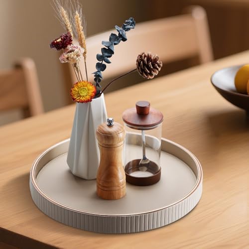 KINGFOM Round Decorative Tray, PU Leather Vanity Tray Organizer with Gold Trim for Dresser, Coffee Table & Bathroom Counter, Modern Home Decor Jewelry & Perfume Tray for Men Women (Beige) - Image 5