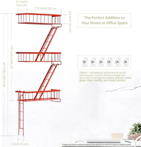 SweetSage Fire Escape Wall Shelf Red - New York Wall Art Decorative Figure Display Floating Shelves Metal Racks for Living Room, Home Office Storage (3-Tier) - Image 2