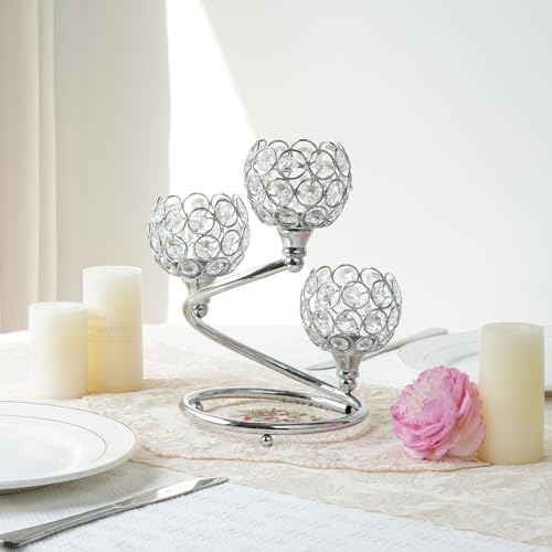 Metal Crystal Candle Holder Set of 6 - Elegant 3-Arm Tea Light Centerpiece with Shining Crystal Bowl, Wedding Anniversary Table Decor for Dining, Party (Silver, 6 Pcs 3 Arm) - Image 5
