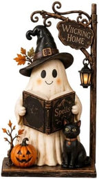 Lighted Halloween Haunted House & Character Figurine Collection, Halloween Decorations with Ghost, Black Cat & Pumpkin Figures, Gothic Haunted House Centerpiece for Mantel Shelf Home Decor，Ghost by Unknown