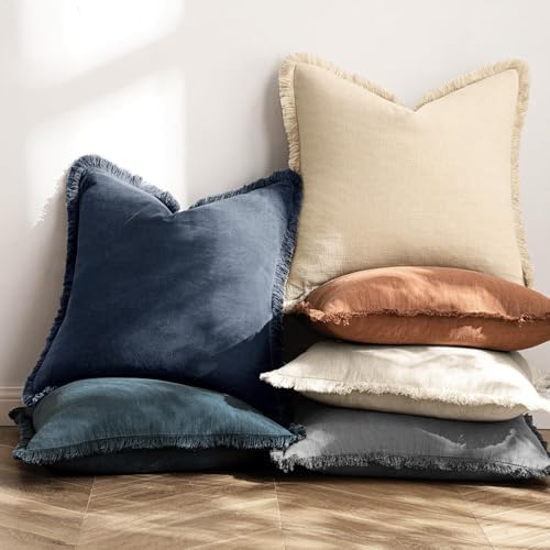MIULEE Boho Linen Fringe Decorative Throw Pillow Covers Indigo Blue 20x20 - Image 4