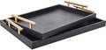 Modern Elegant Large Wood Serving Tray, Set of 2 Black Crocodile Leather with Gold Polished Metal Handles, Home Decorative Rectangle Ottoman Decor Platter Living Room Bathroom Vanity Tray by JUMBOHUMBLE