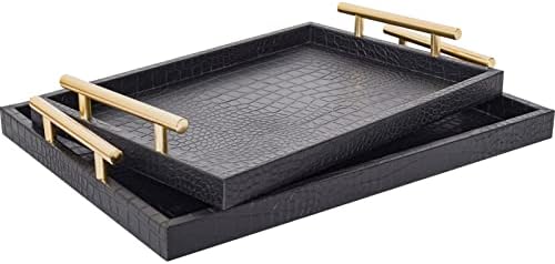 Modern Elegant Large Wood Serving Tray, Set of 2 Black Crocodile Leather with Gold Polished Metal Handles, Home Decorative Rectangle Ottoman Decor Platter Living Room Bathroom Vanity Tray by JUMBOHUMBLE