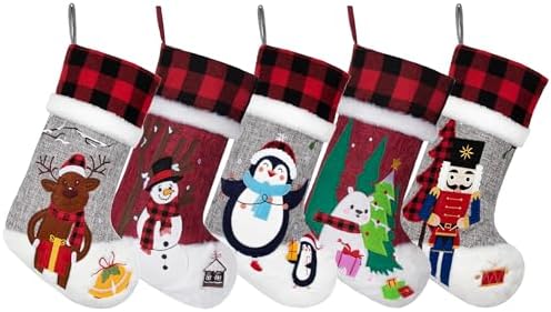 BHD BEAUTY Burlap Gray Red Non-Woven Fleece Fabric Lovely Embroidery Pattern Set of 5 Christmas Stocking for Family Decorations Hanging Ornament for Xmas Holiday Party 20 inches - Image 2