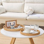 Round Rattan Tray with Mother of Pearl Inlay, Rattan Serving Tray with Wooden Base, Decorative Wicker Basket for Table Decor, Storage and Display of Coffee Bread Food Fruit (Plume 13.5") - Image 4