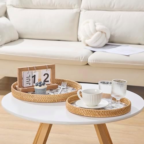 Round Rattan Tray with Mother of Pearl Inlay, Rattan Serving Tray with Wooden Base, Decorative Wicker Basket for Table Decor, Storage and Display of Coffee Bread Food Fruit (Plume 13.5") - Image 4