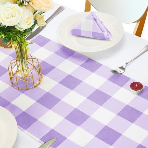 Cupuamon Fabric Checkered Table Runner 12 Pack Waterproof Gingham Table Runner 14W x 108L Buffalo Check Table Runners for Parties Kitchen Dining Wedding Banquet (Lavender and White) - Image 5