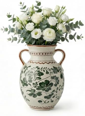 EFISPSS Ceramic Vintage Vase Decorative Spring Decor Chinese Crackle Floral Handle for Dining Room Living Room Green by EFISPSS