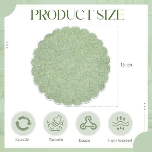 Set of 24 Sage Green Cotton Placemats 15" Round Scalloped White - Image 2