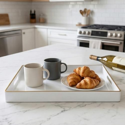 Large White Rectangular Decorative Tray – Plastic Serving Tray with Handles for Coffee Table, Ottoman, Living Room, 15.7” x 11.8” x 1.6 - Image 3