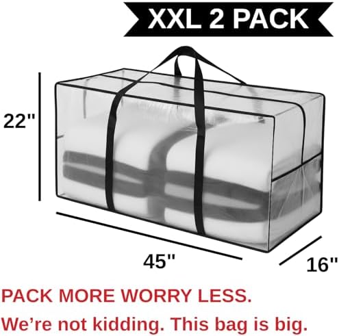 68.5 GAL 2 Pack XXL Jumbo Extra Large Heavy Duty Stronger Handles Storage Bags Moving Totes Zippered Reusable Wrap Around Handle Storage Totes (Translucent/Semi-Transparent) - Image 3