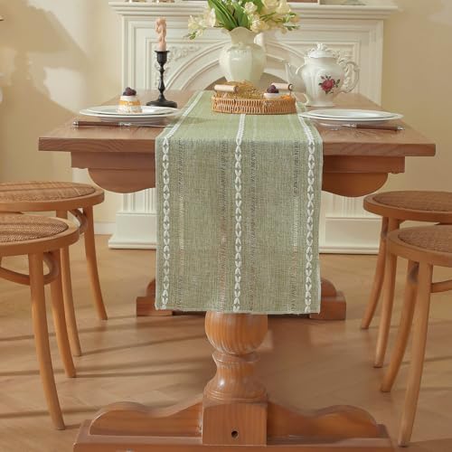 Sage Green Boho Cotton Linen Table Runner, Farmhouse Woven Table Runners Spring Holiday Kitchen Dining Table Decoration for Home Party Decor 13 x 120 - Image 6