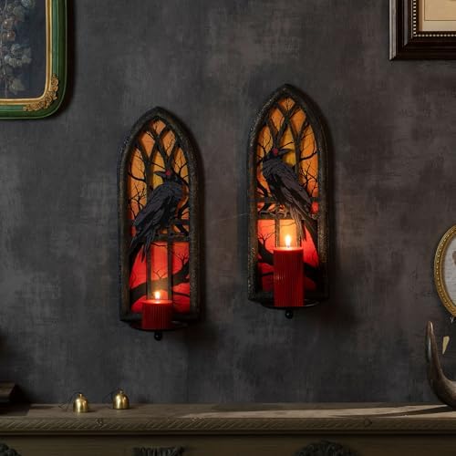 Gothic Wall Candle Sconces Set of 2, Wrought Iron Crow Wall Mounted Candelabra Holder with Removable Trays for Taper & Pillar Candles, Medieval Cathedral Window Design, Dark Academia Decor - Image 6