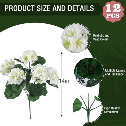 Hananona 12 Pcs Artificial Geranium Flowers for Outdoors Geranium White Silk Flowers Outdoor UV Resistant Garden Plants Faux Flowers for Home Kitchen Table Centerpieces Decor (12, White) - Image 3