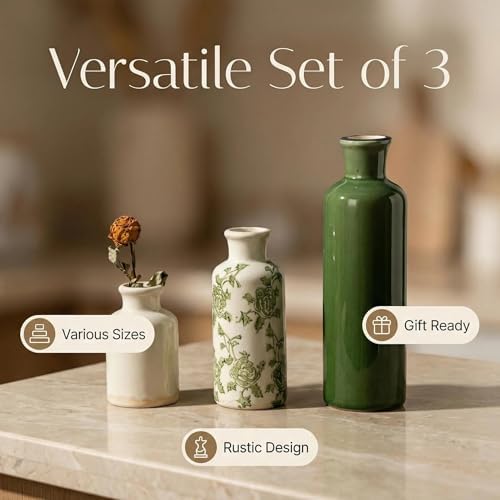 Vintage Ceramic Vase Set of 3, Chinoiserie Rustic Pottery Green Flower Vase - Image 3
