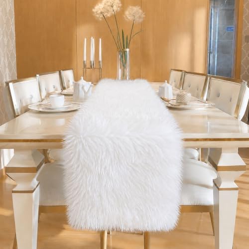 White Faux Fur Table Runner Christmas Table Decor 11.8 x 70.8 Inch - Image 4