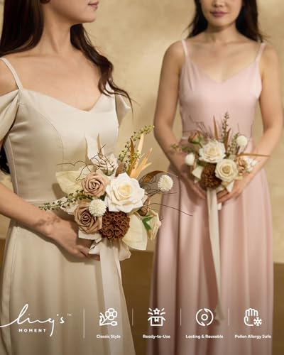 Ling's moment Artificial Wedding Fall Flowers Deluxe Combo, Bown & Beige - Image 4