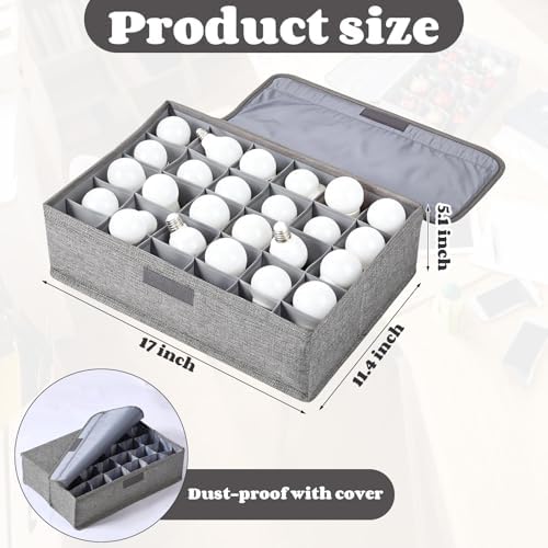 2 Pcs Light Bulb Organizer Storage Box Ornament Storage with 30 Dividers Foldable Bulbs Organizer with Lid Sturdy PP Board Fits Various Standard Dustproof Fabric Case for Home Vbs (Grey) - Image 2