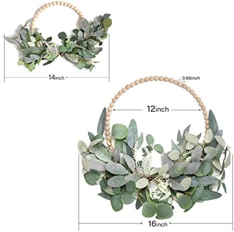TEMPUS 2Pcs 16" Artificial Eucalyptus Wreaths - Handmade Wooden Bead & Lamb's Ear Spring Wreaths for Front Door, Farmhouse Wall Decor, Holiday Party - Image 4
