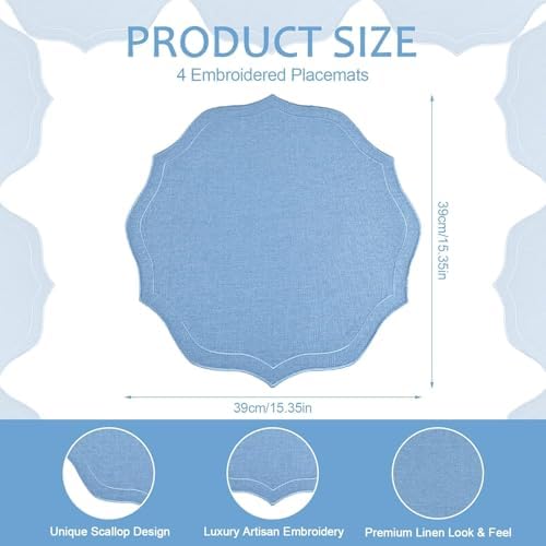 Set of 8 Cotton Linen Placemats, 15x15 Round Scalloped Cloth Table Mats, Embroidery Machine Washable, Wrinkle Resistance Fabric Place Mats for Wedding Summer Baby Shower Party Table Decor-Blue - Image 4