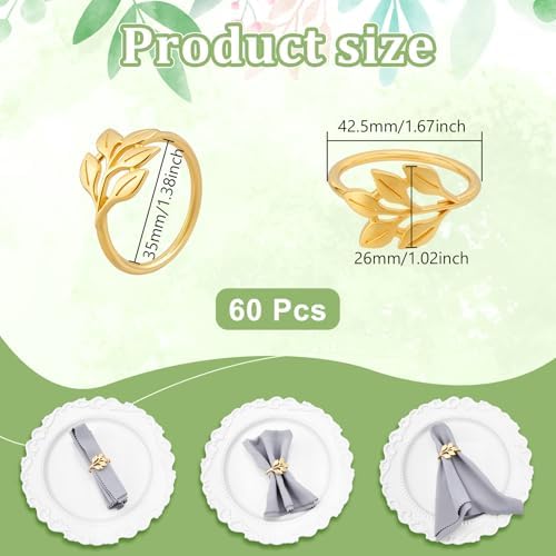 Peacoblue 60Pcs Gold Leaf Rings Holders Modern Stainless Steel Napkin Ring Holders for Table Decor Settings, Vintage Napkin Ring for Wedding Christmas Thanksgiving Day Party - Image 2